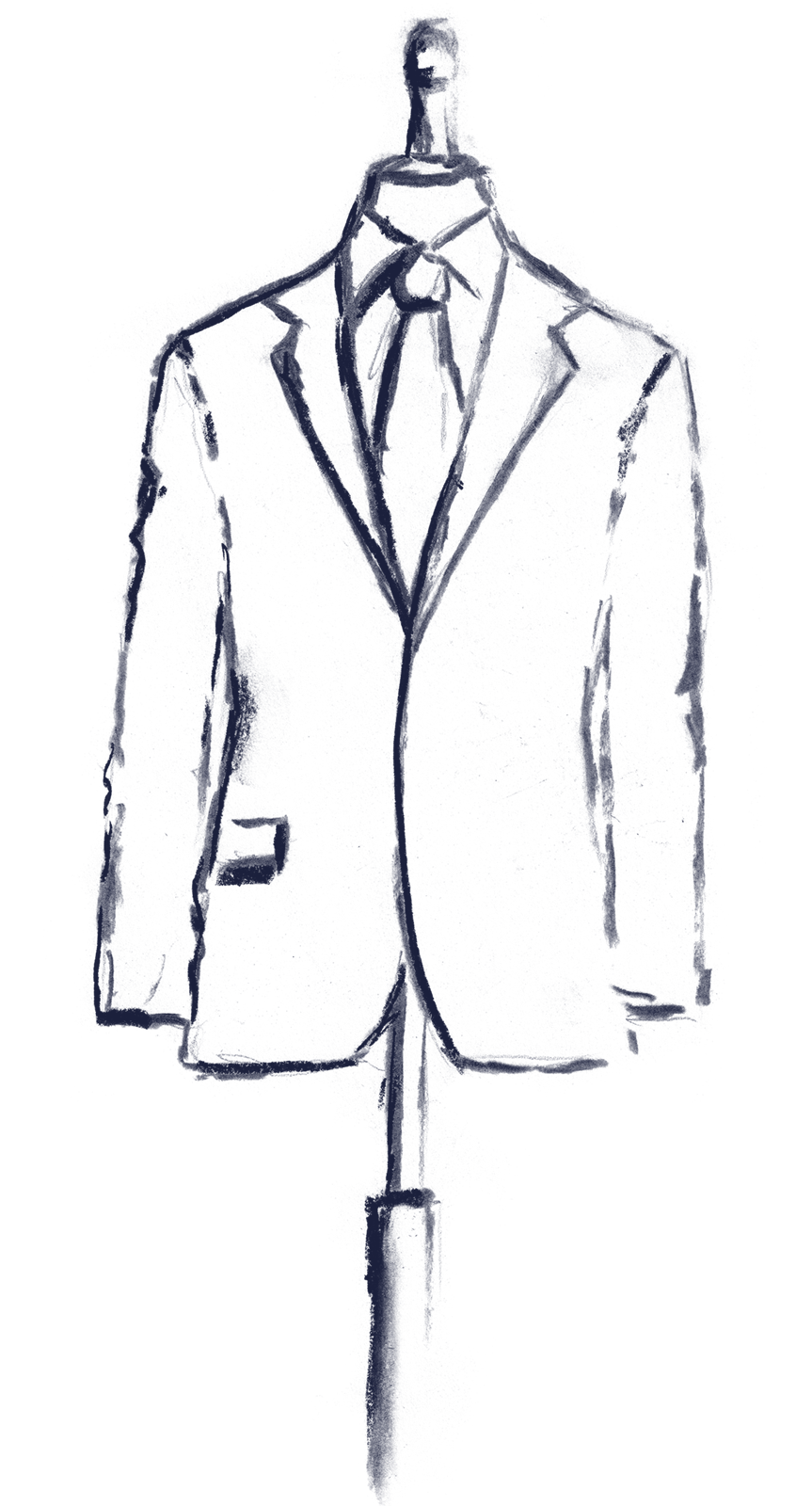 Zeichnung eines Anzugs von vorne. Dunkelblau Silhouette auf weißem Hintergrund, minimalistisch dargestellt.